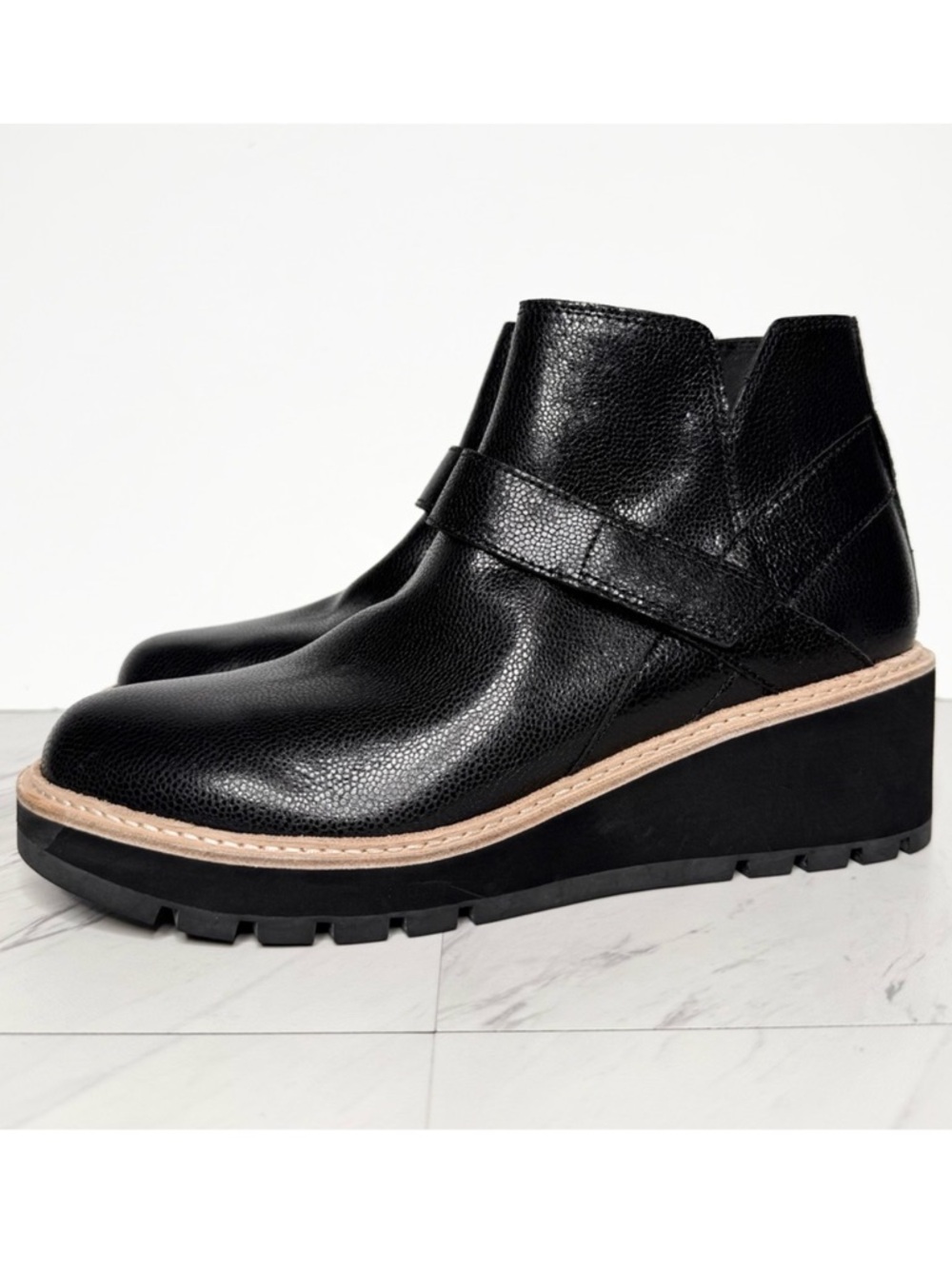 Eileen Fisher Cargo Black Leather Wedge Bootie 9 1/2